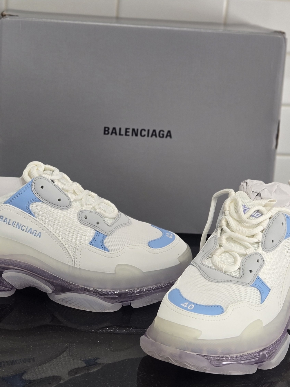 Balenciaga White & Light Blue Women's Triple S Clear Sole Sneaker